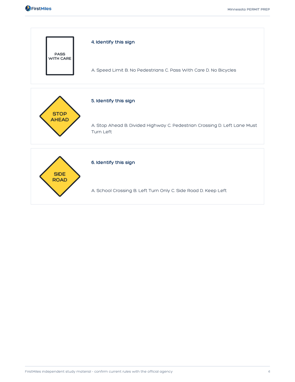 Example page from the FirstMiles Minnesota road sign practice tests