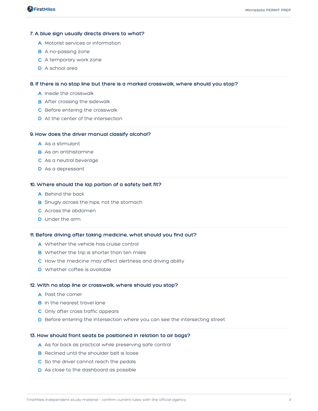 Example page from the FirstMiles Minnesota written practice tests