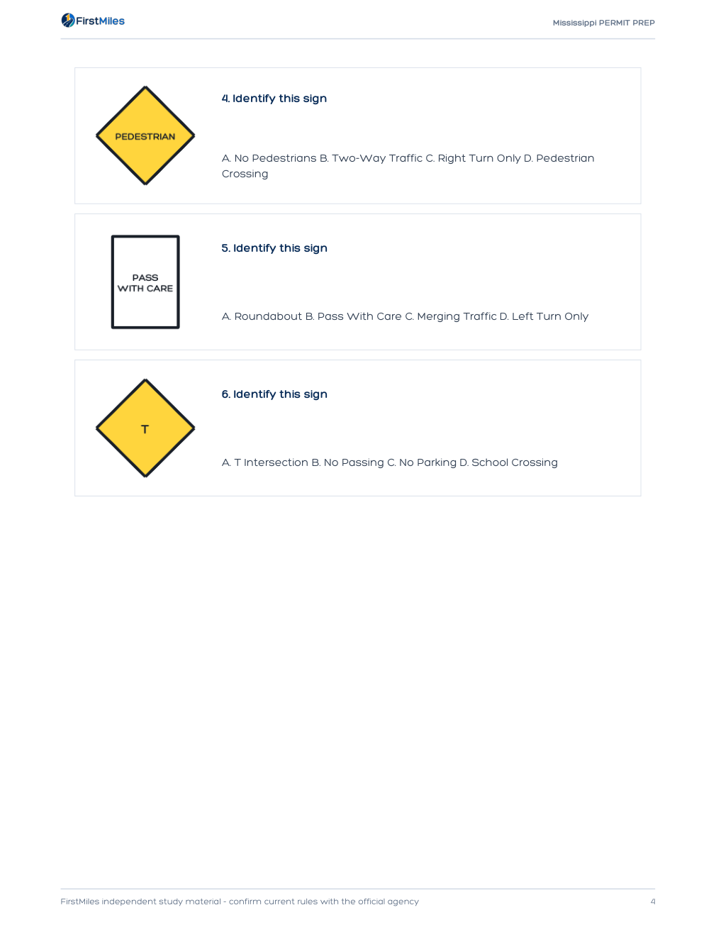 Example page from the FirstMiles Mississippi road sign practice tests