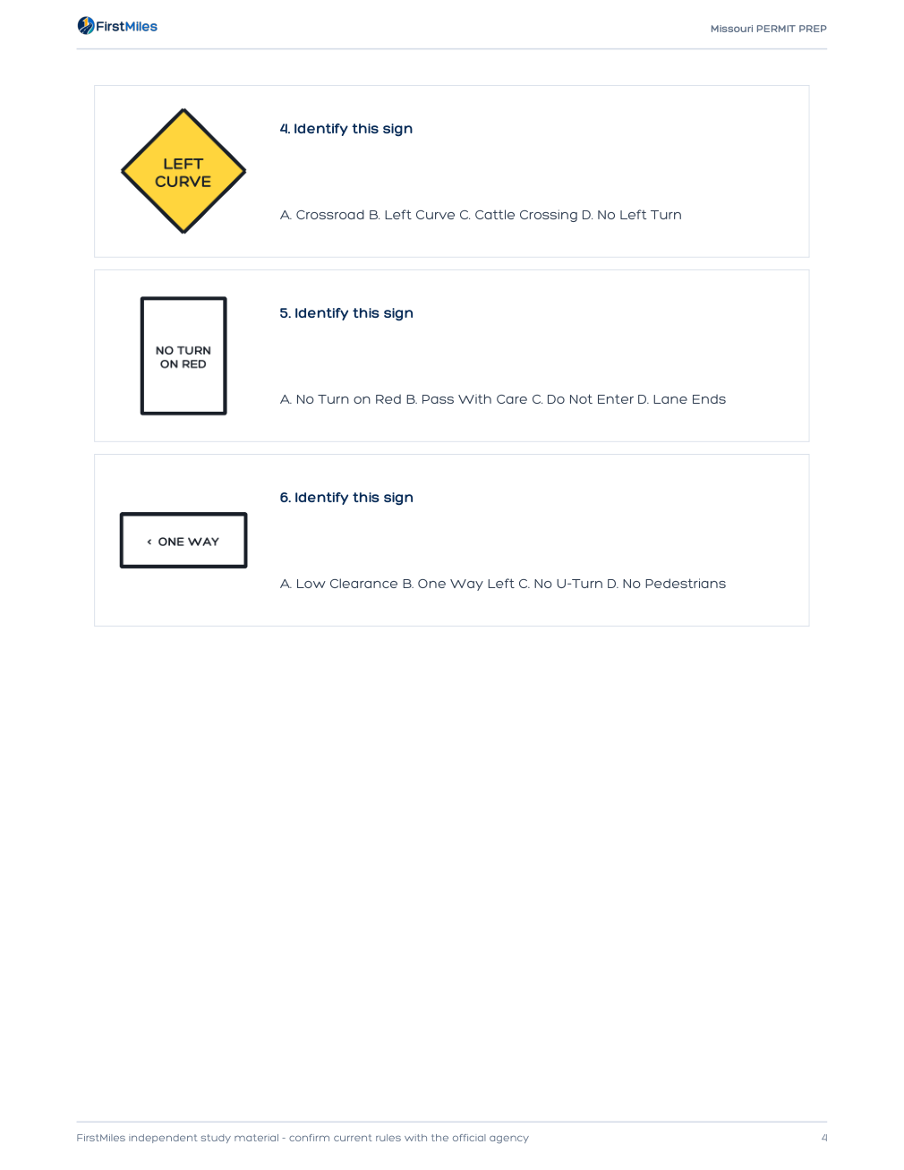 Example page from the FirstMiles Missouri road sign practice tests