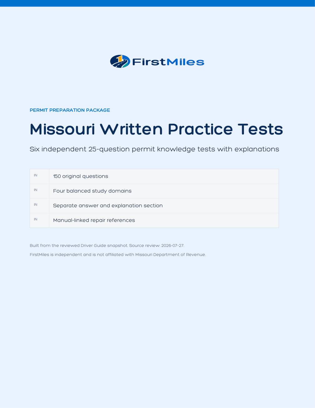 FirstMiles Missouri written practice tests cover