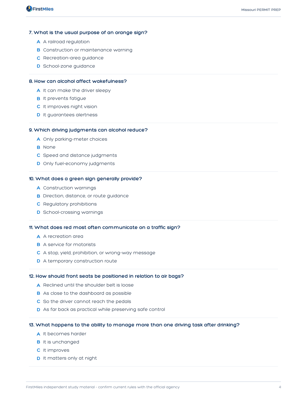 Example page from the FirstMiles Missouri written practice tests