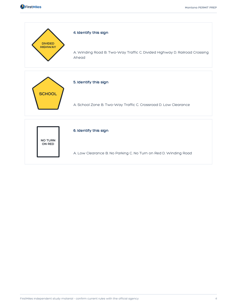 Example page from the FirstMiles Montana road sign practice tests