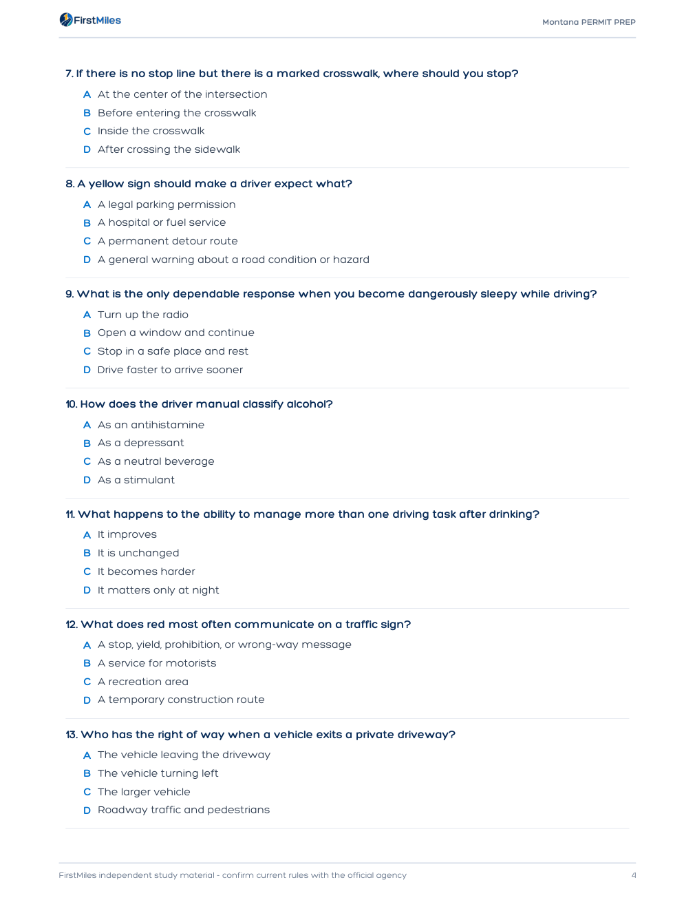 Example page from the FirstMiles Montana written practice tests