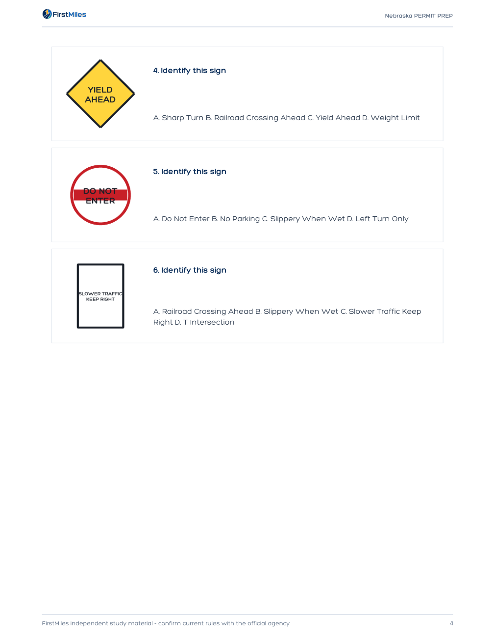 Example page from the FirstMiles Nebraska road sign practice tests
