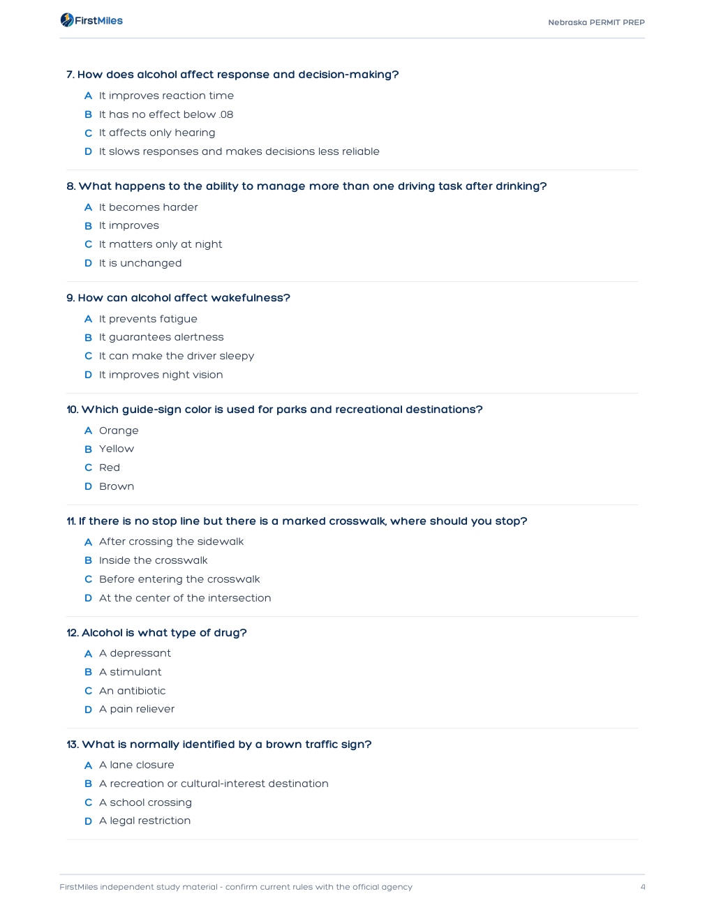 Example page from the FirstMiles Nebraska written practice tests