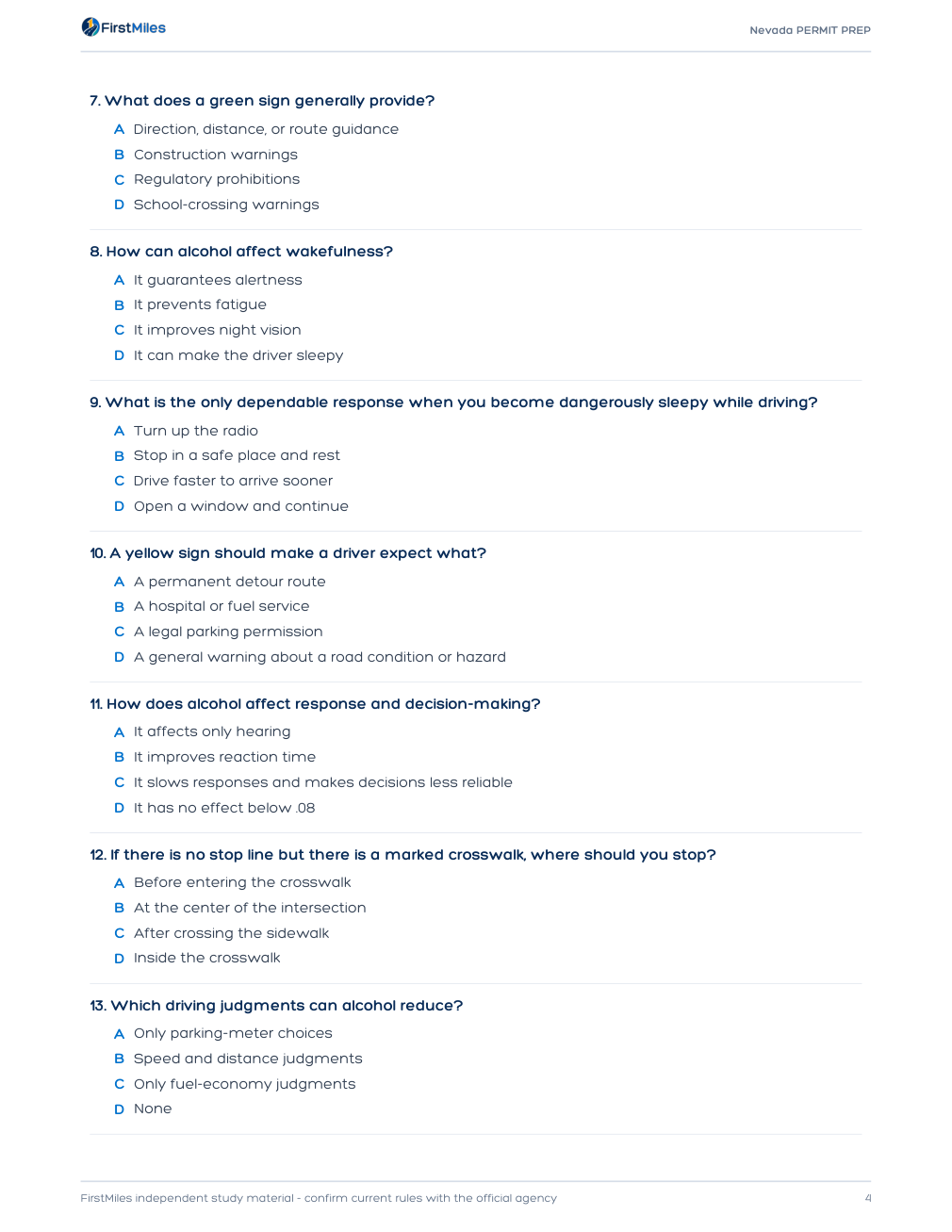 Example page from the FirstMiles Nevada written practice tests
