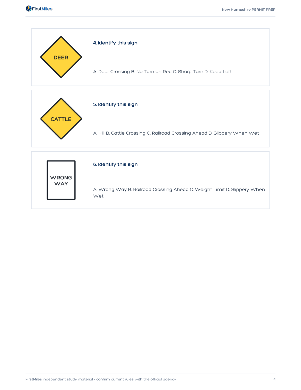 Example page from the FirstMiles New Hampshire road sign practice tests