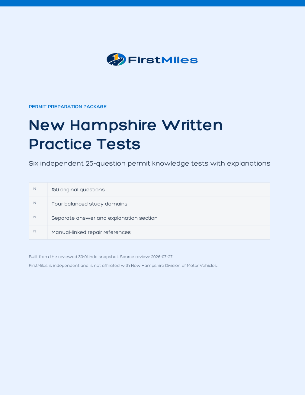 FirstMiles New Hampshire written practice tests cover
