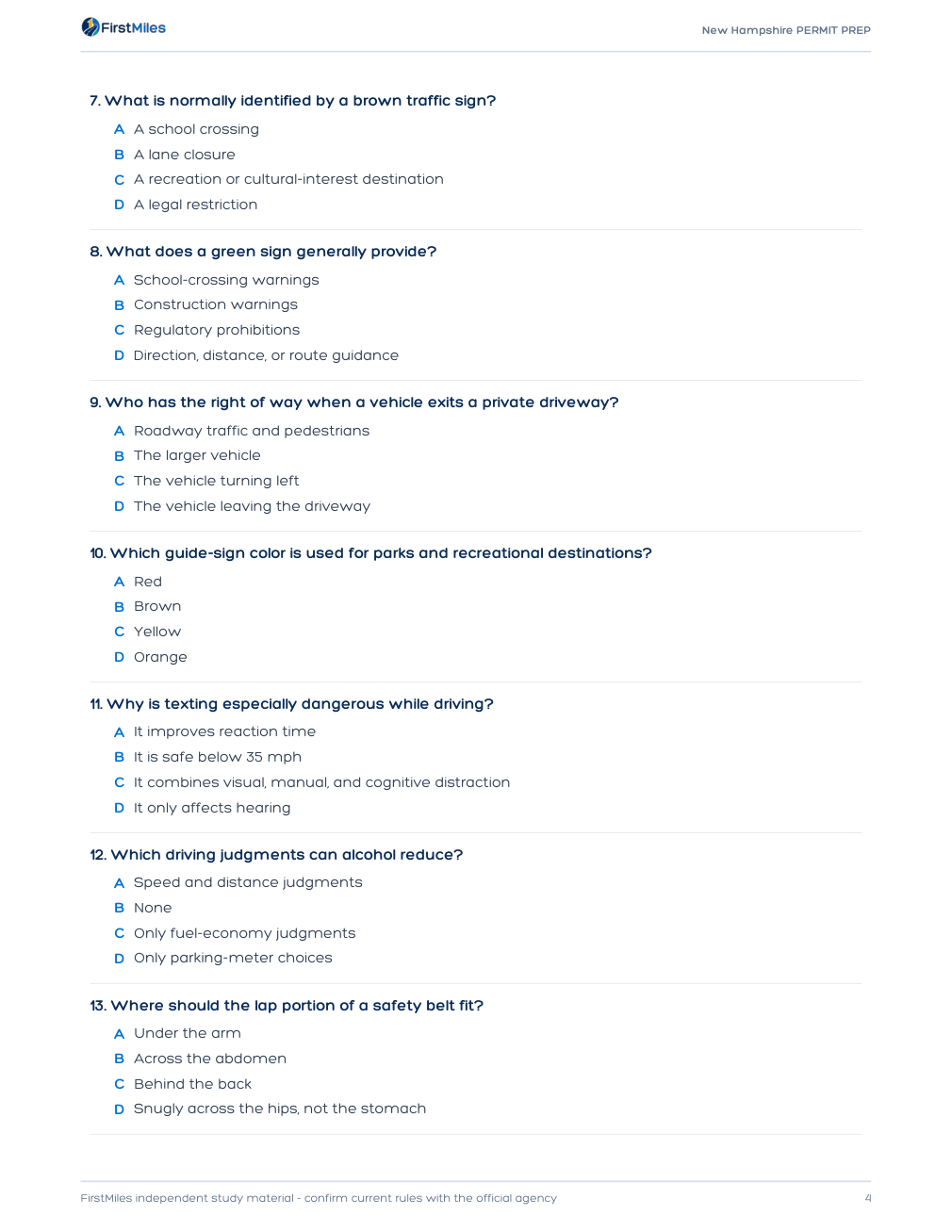 Example page from the FirstMiles New Hampshire written practice tests