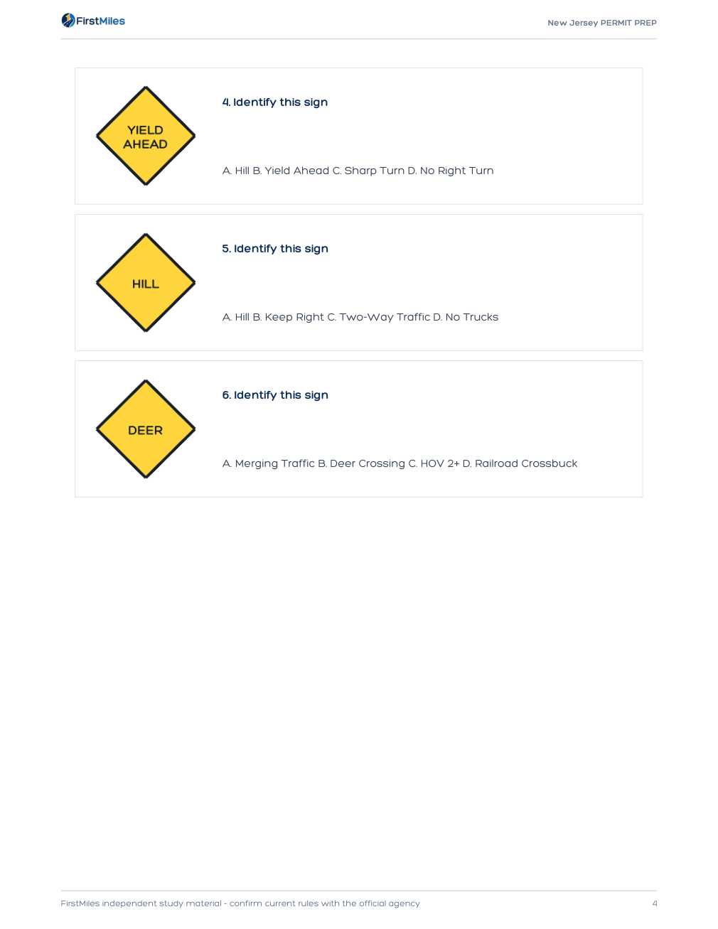 Example page from the FirstMiles New Jersey road sign practice tests