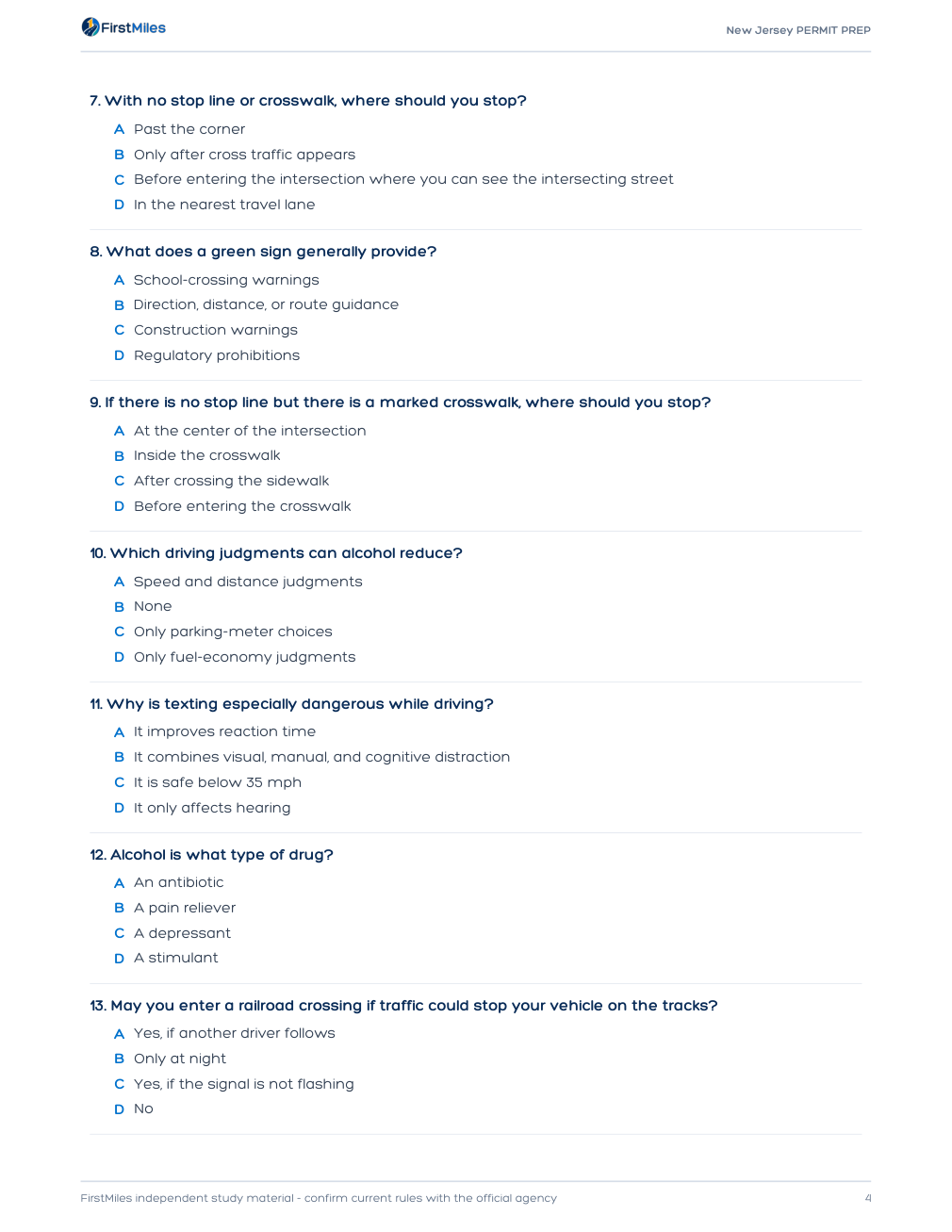 Example page from the FirstMiles New Jersey written practice tests