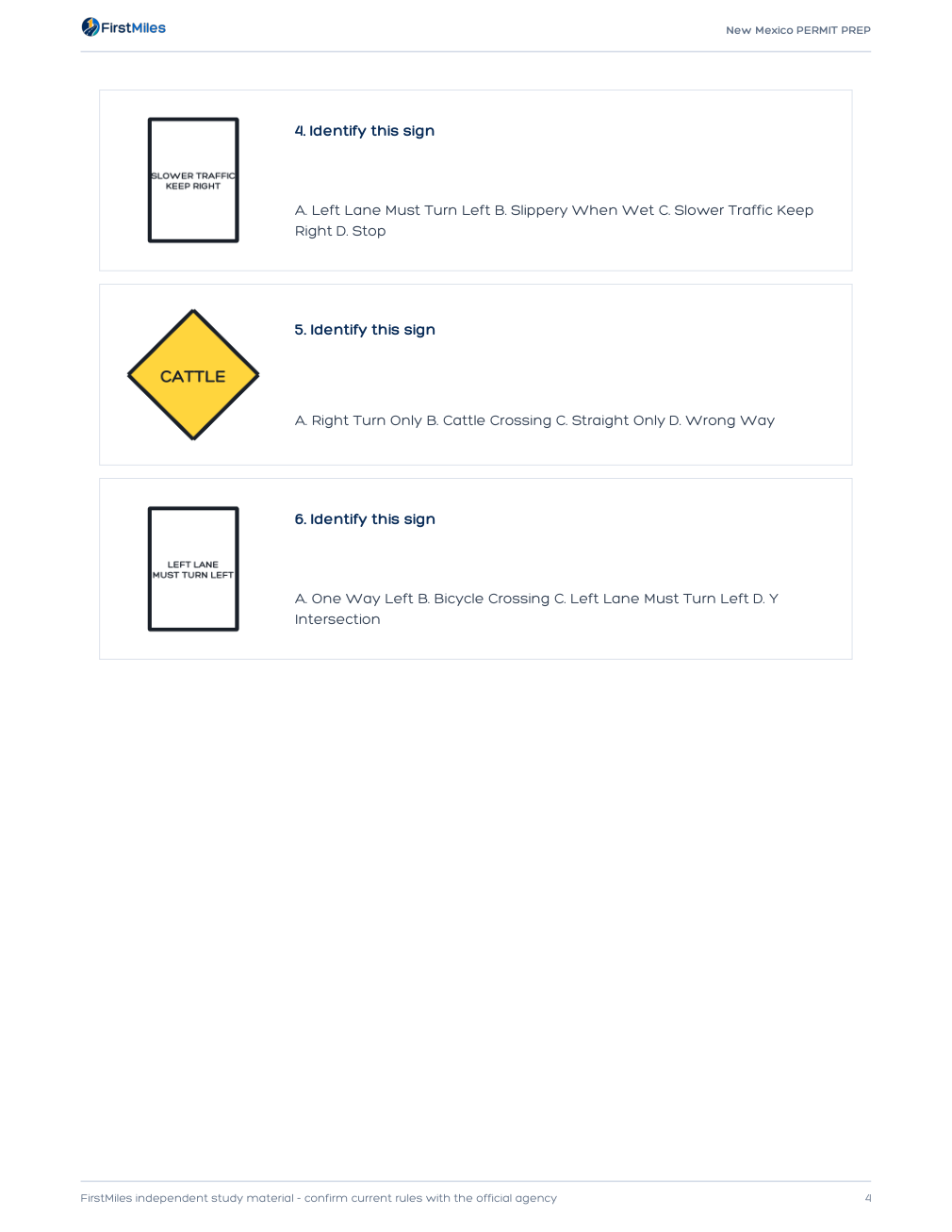 Example page from the FirstMiles New Mexico road sign practice tests