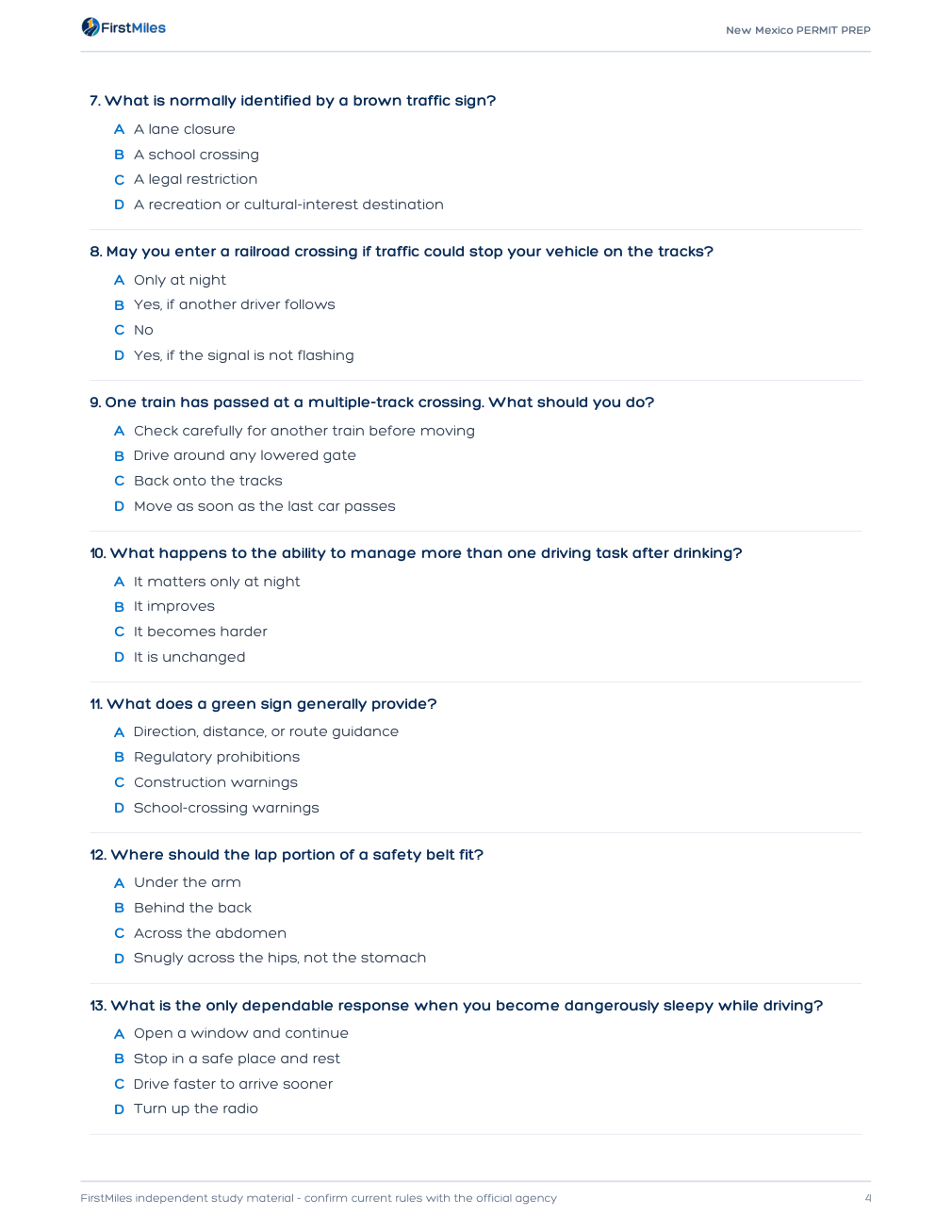 Example page from the FirstMiles New Mexico written practice tests