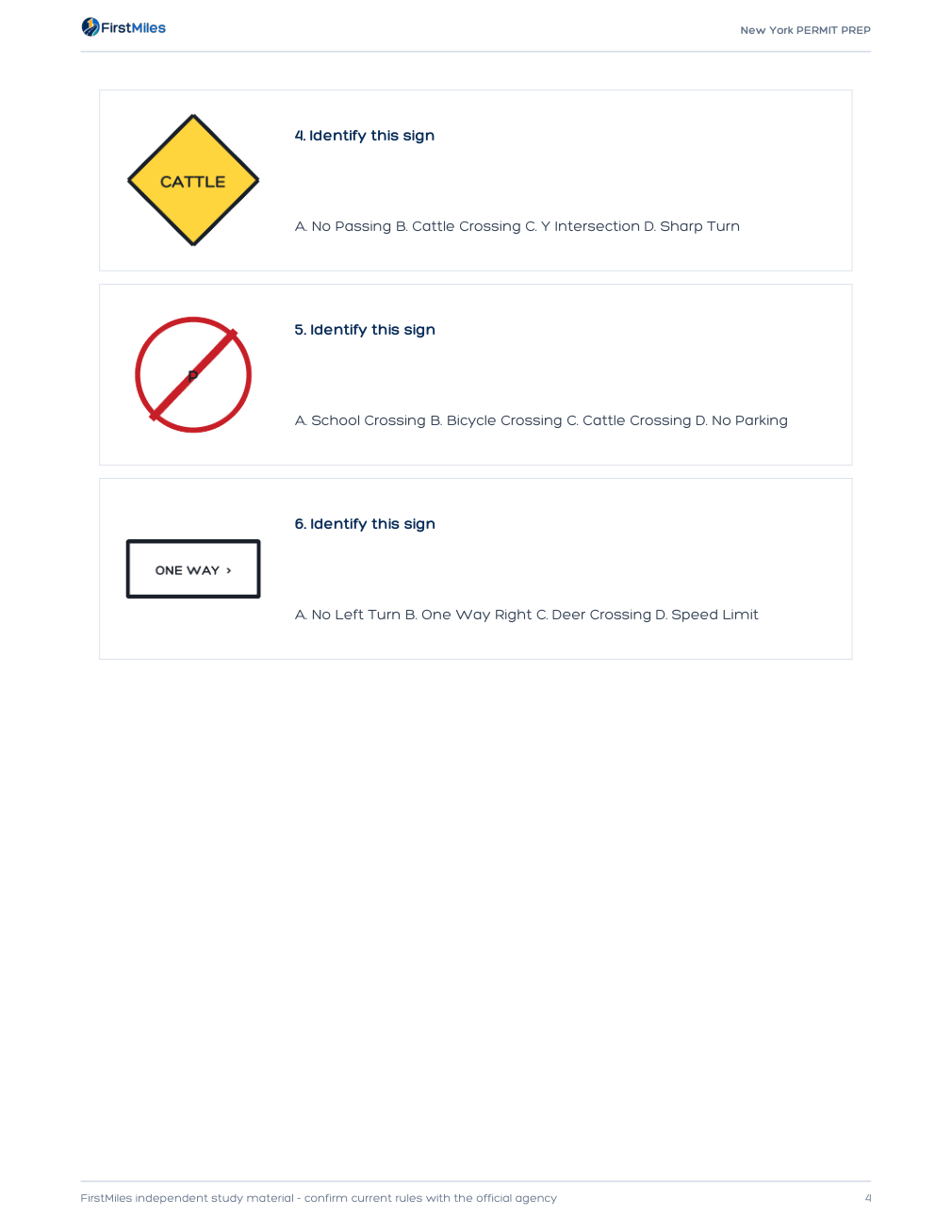 Example page from the FirstMiles New York road sign practice tests