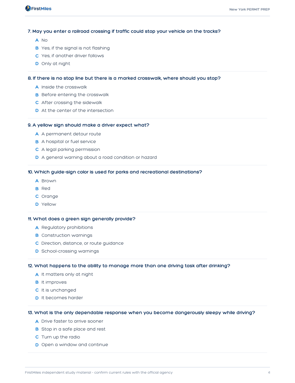 Example page from the FirstMiles New York written practice tests