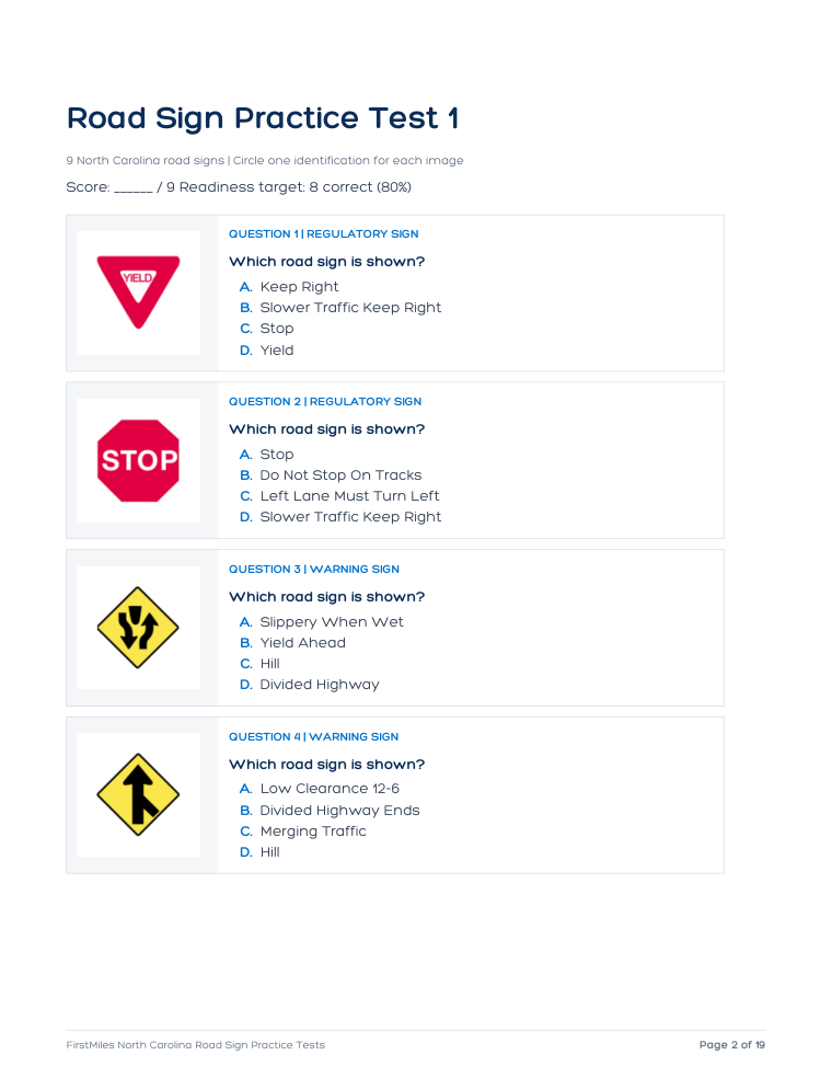 Example page from the FirstMiles North Carolina road sign practice tests