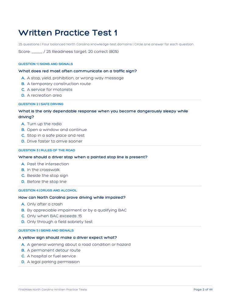 Example page from the FirstMiles North Carolina written practice tests