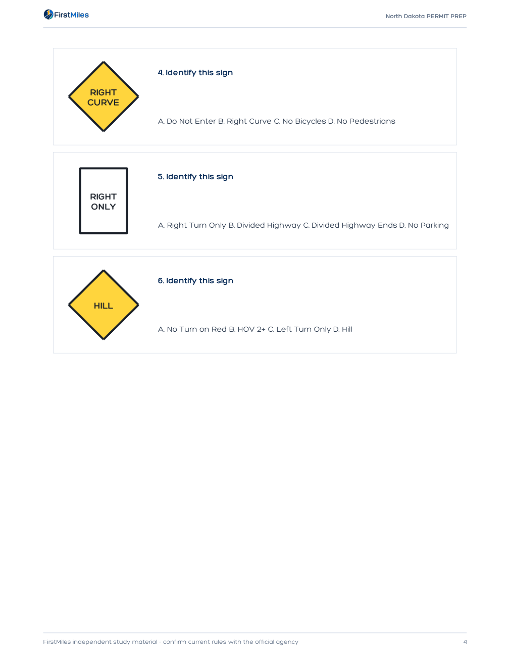 Example page from the FirstMiles North Dakota road sign practice tests