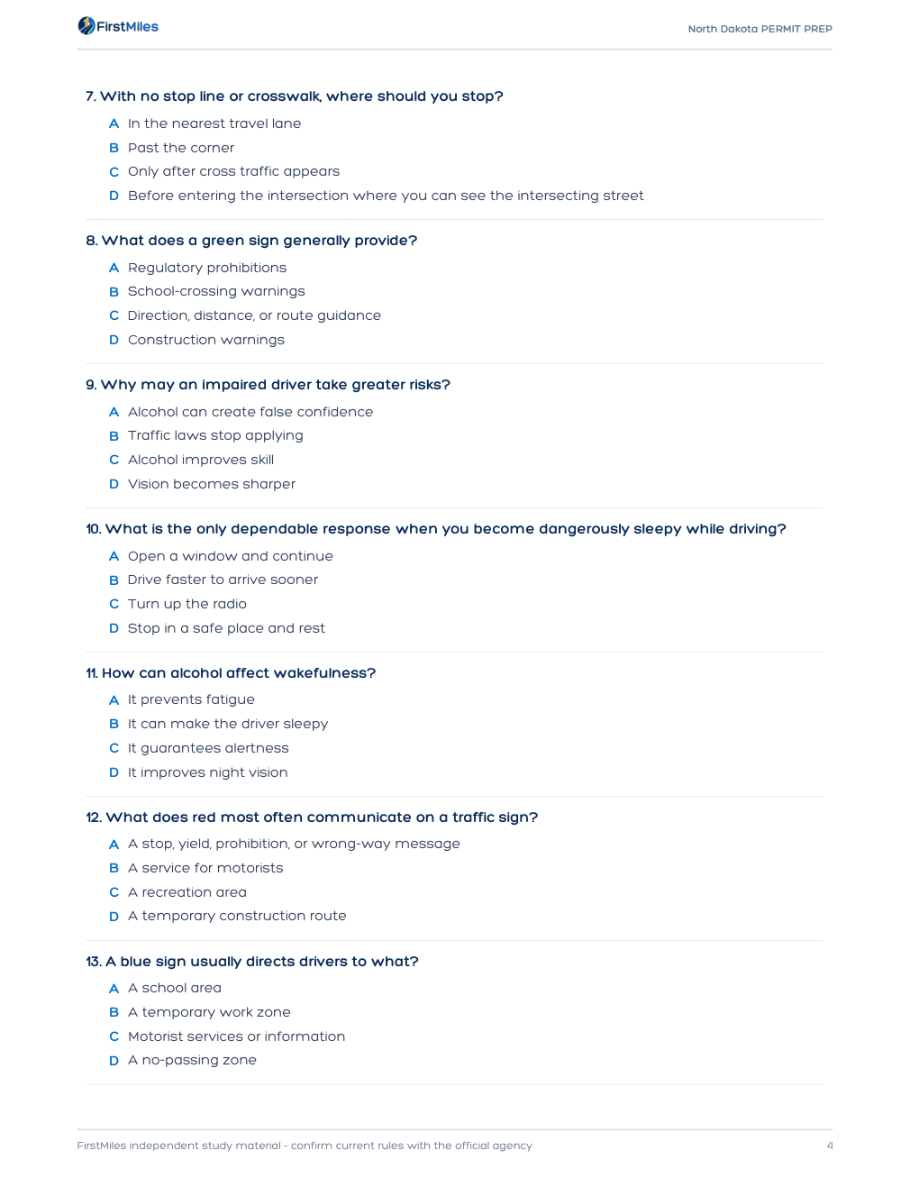Example page from the FirstMiles North Dakota written practice tests