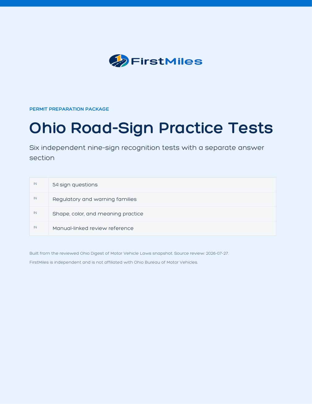 FirstMiles Ohio road sign practice tests cover