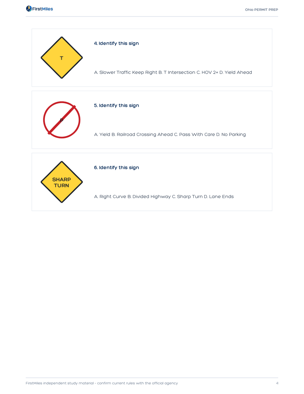 Example page from the FirstMiles Ohio road sign practice tests
