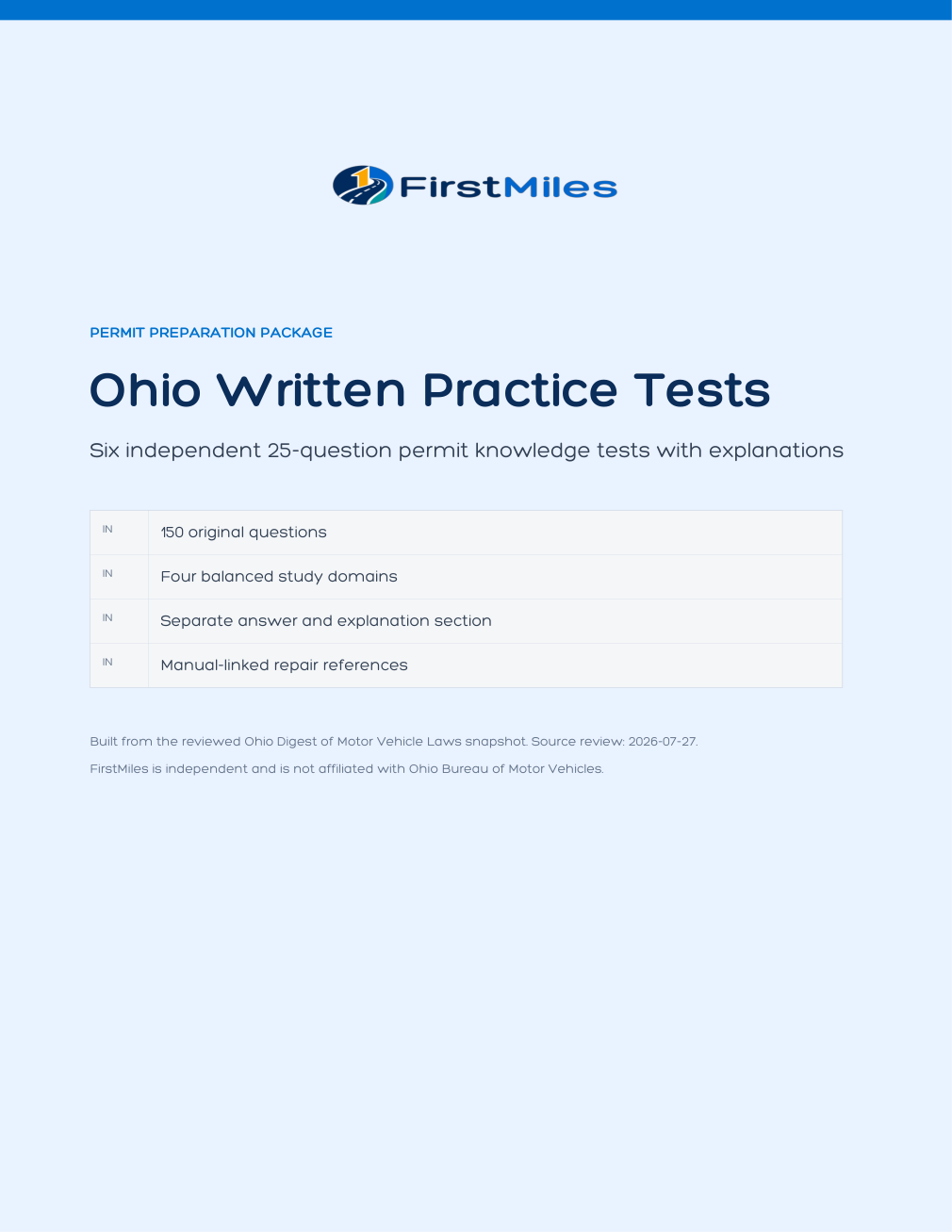 FirstMiles Ohio written practice tests cover