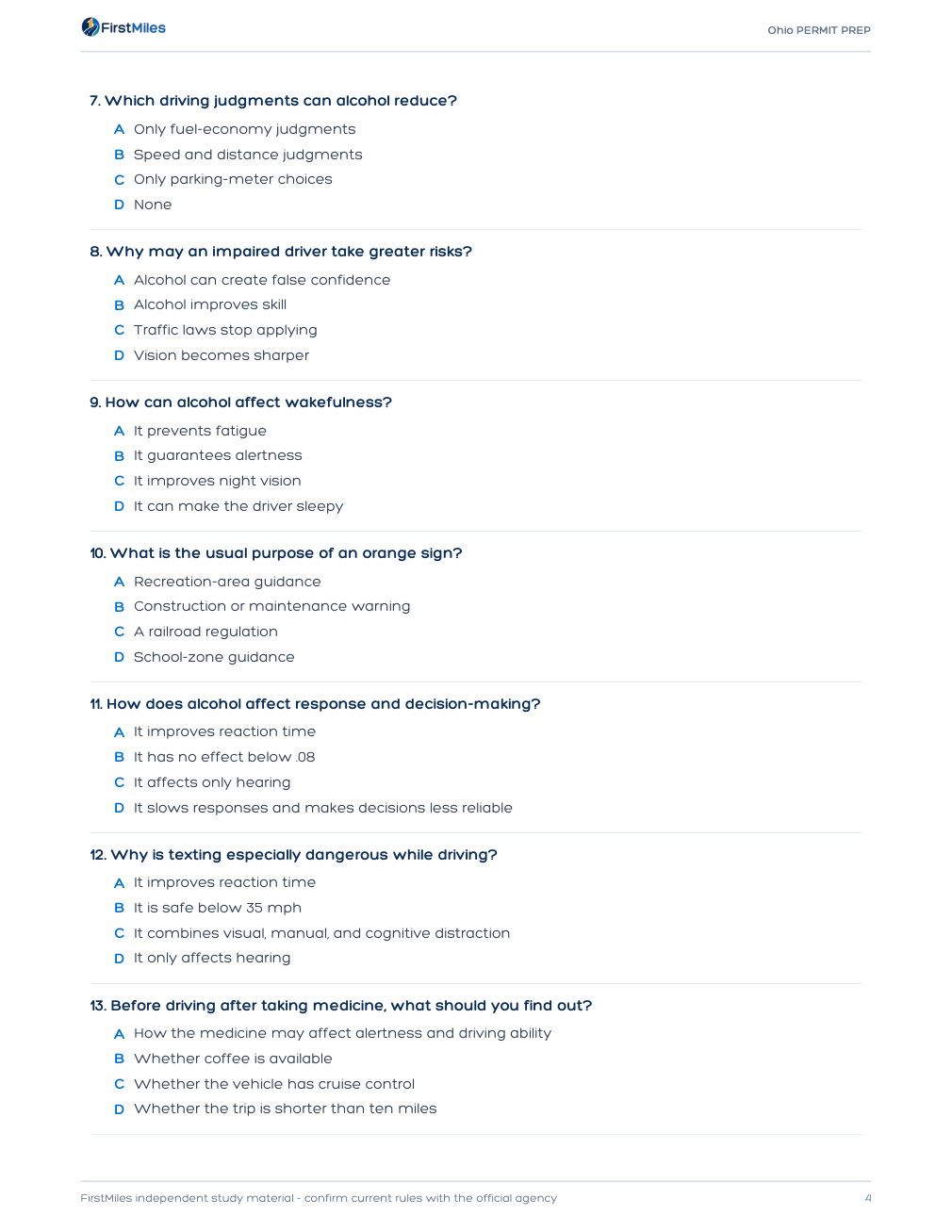 Example page from the FirstMiles Ohio written practice tests