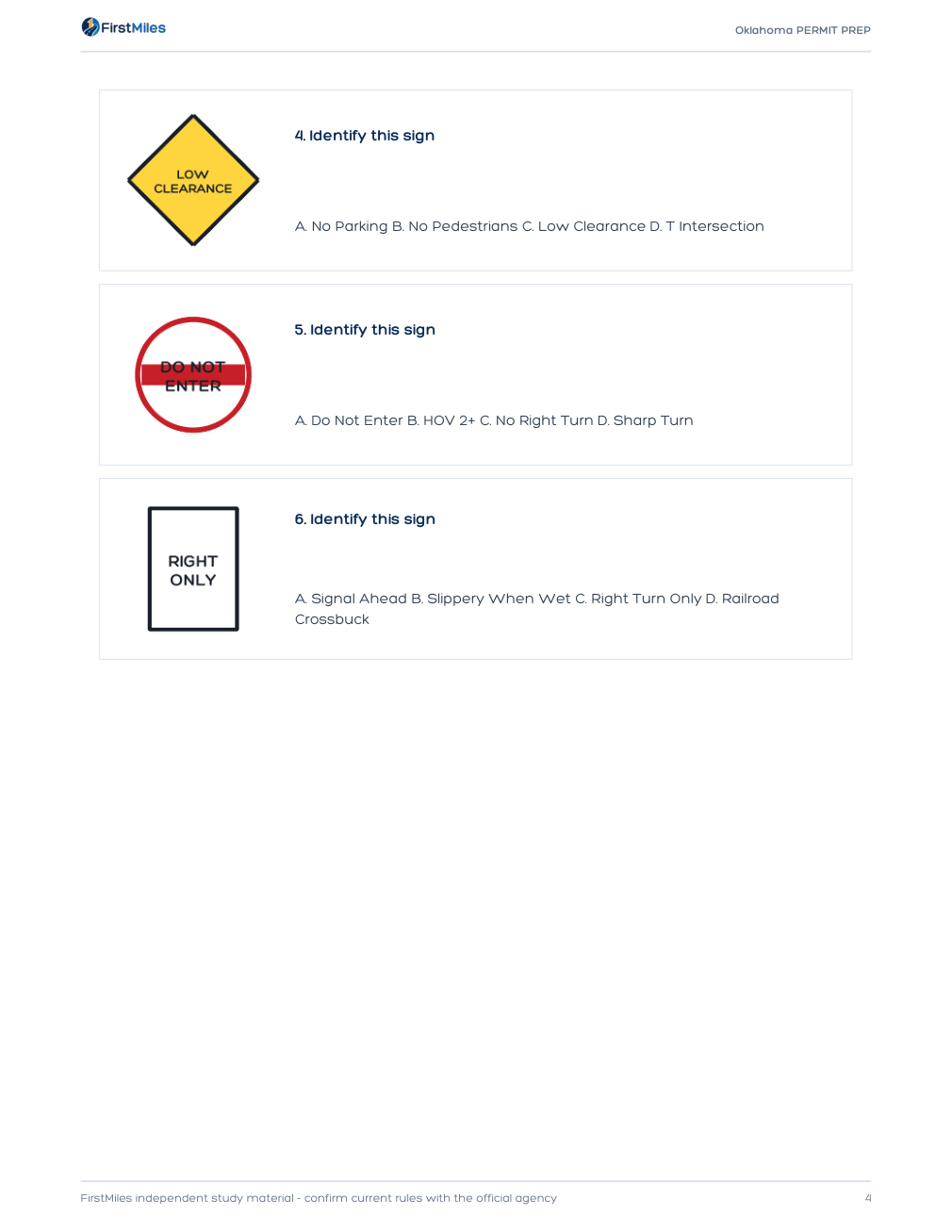 Example page from the FirstMiles Oklahoma road sign practice tests