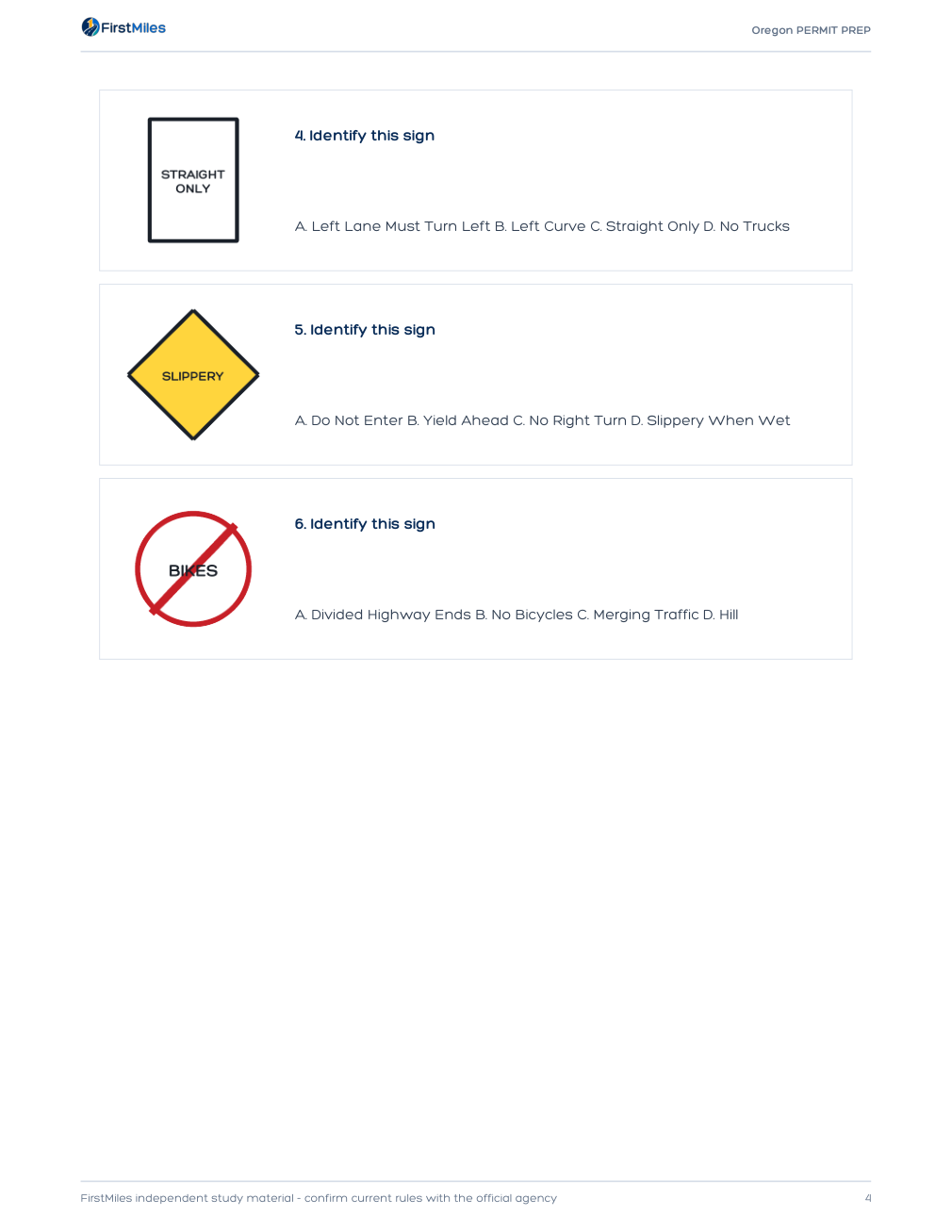 Example page from the FirstMiles Oregon road sign practice tests
