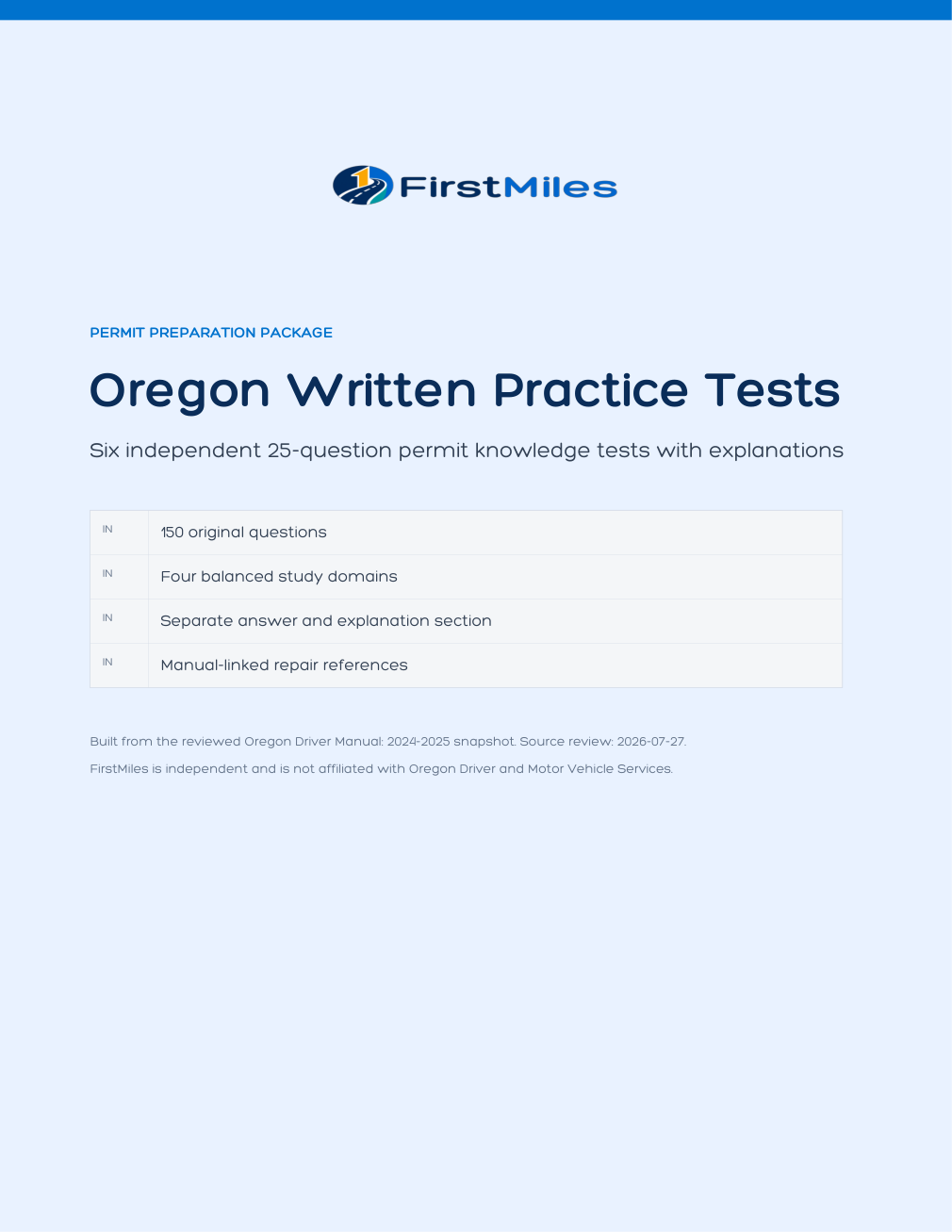 FirstMiles Oregon written practice tests cover