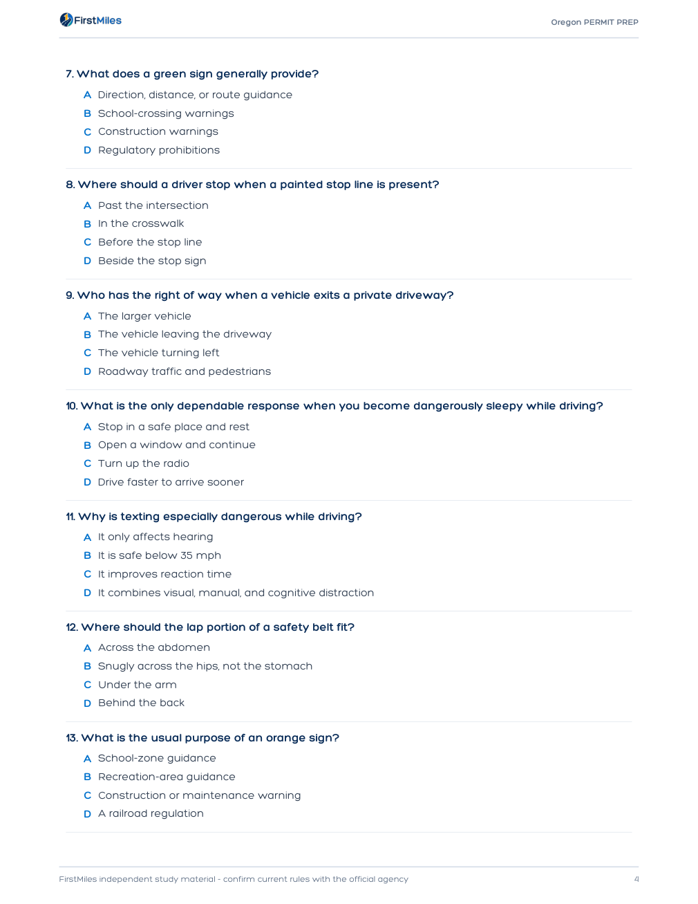 Example page from the FirstMiles Oregon written practice tests