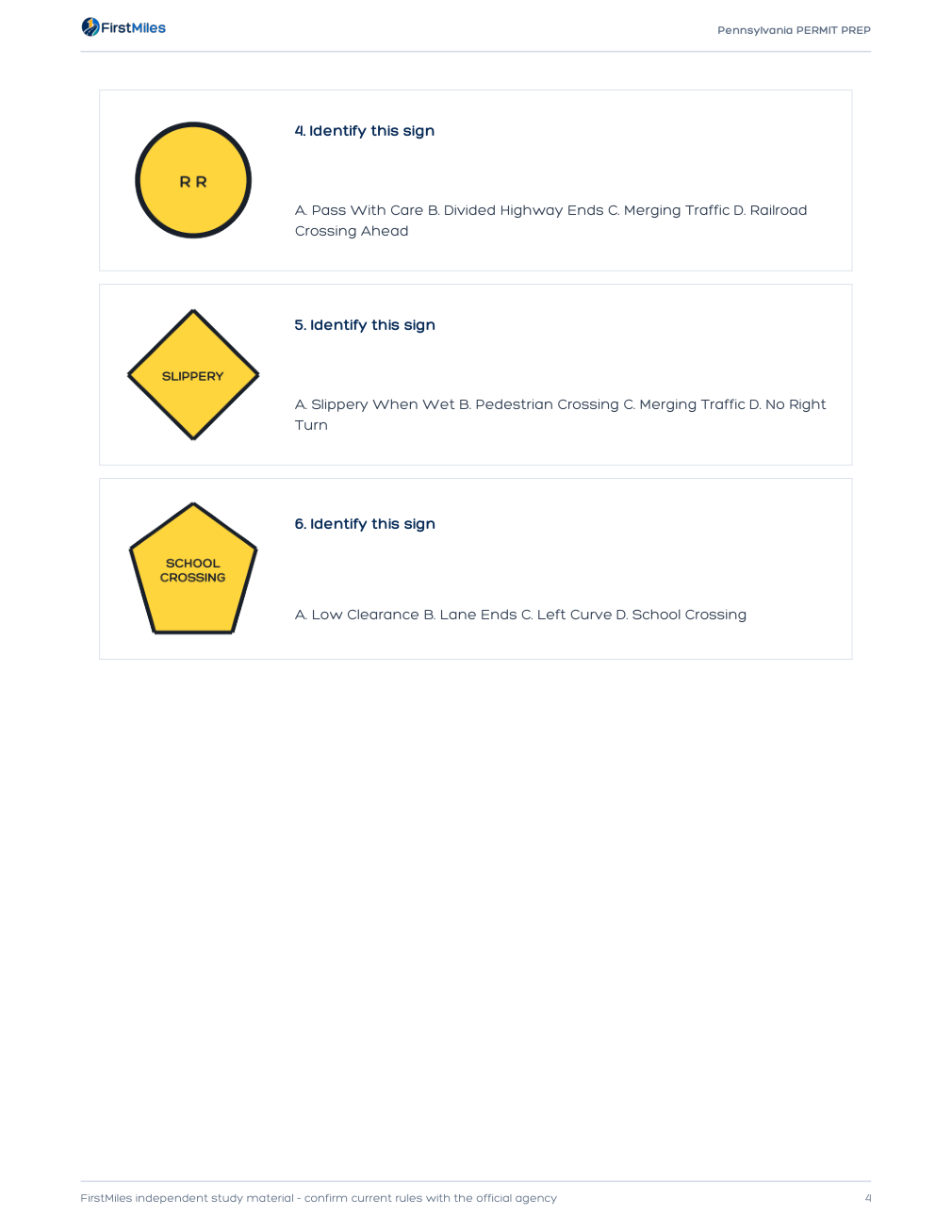 Example page from the FirstMiles Pennsylvania road sign practice tests