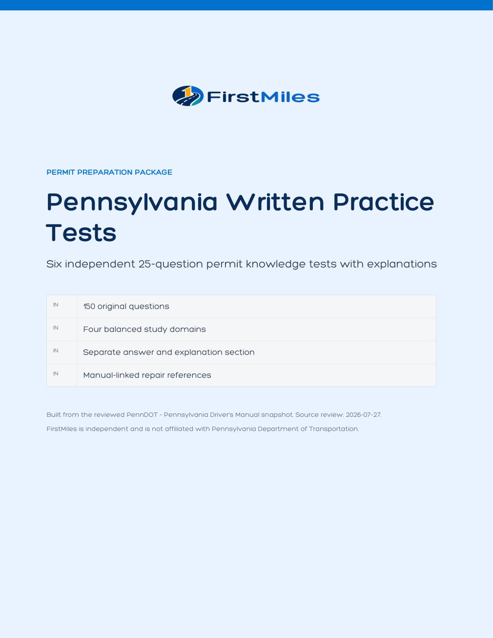 FirstMiles Pennsylvania written practice tests cover