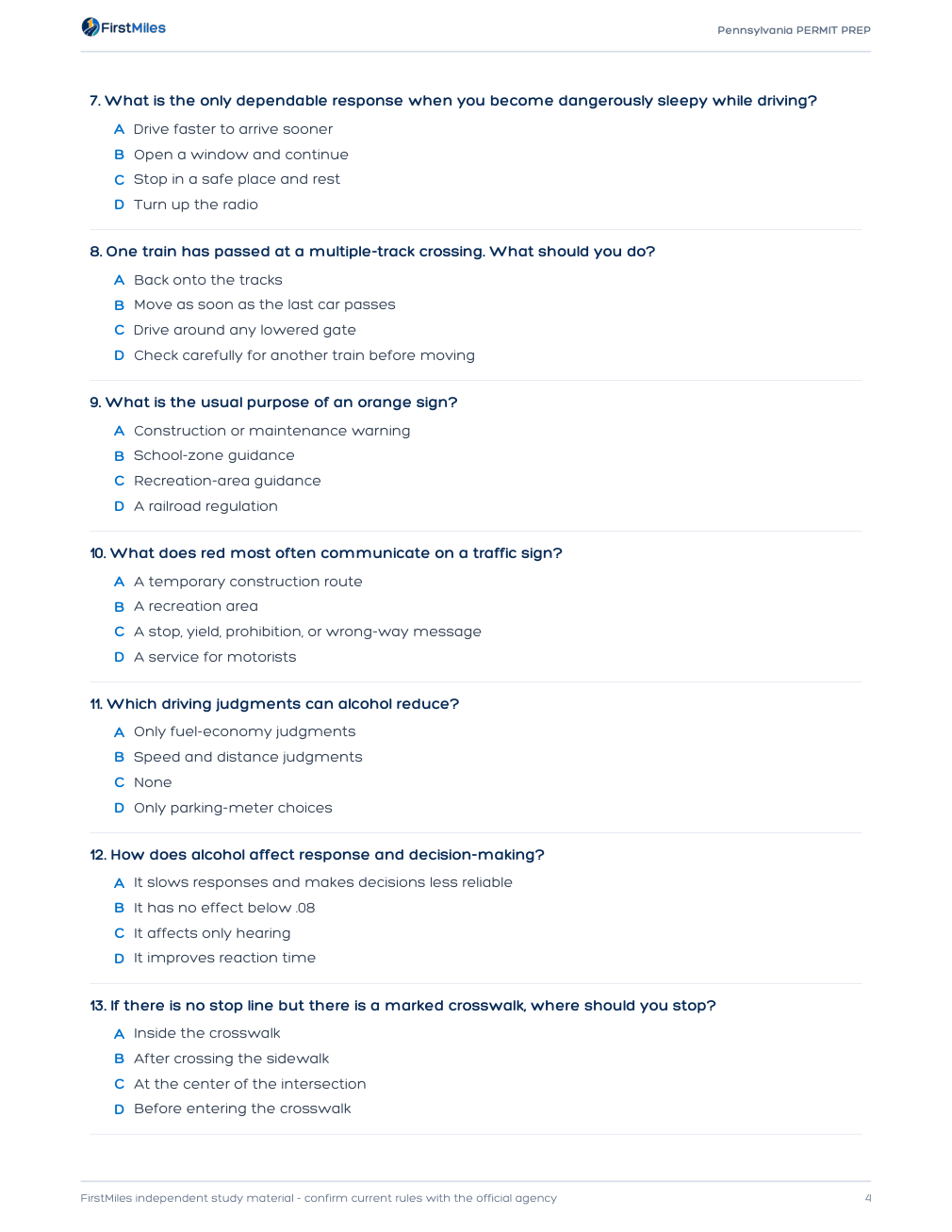 Example page from the FirstMiles Pennsylvania written practice tests