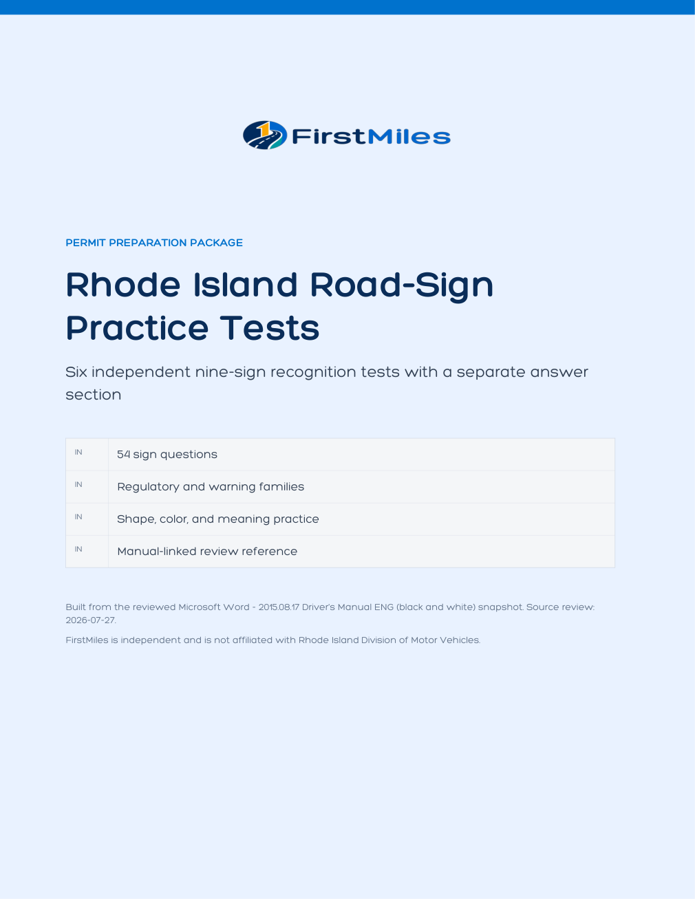 FirstMiles Rhode Island road sign practice tests cover