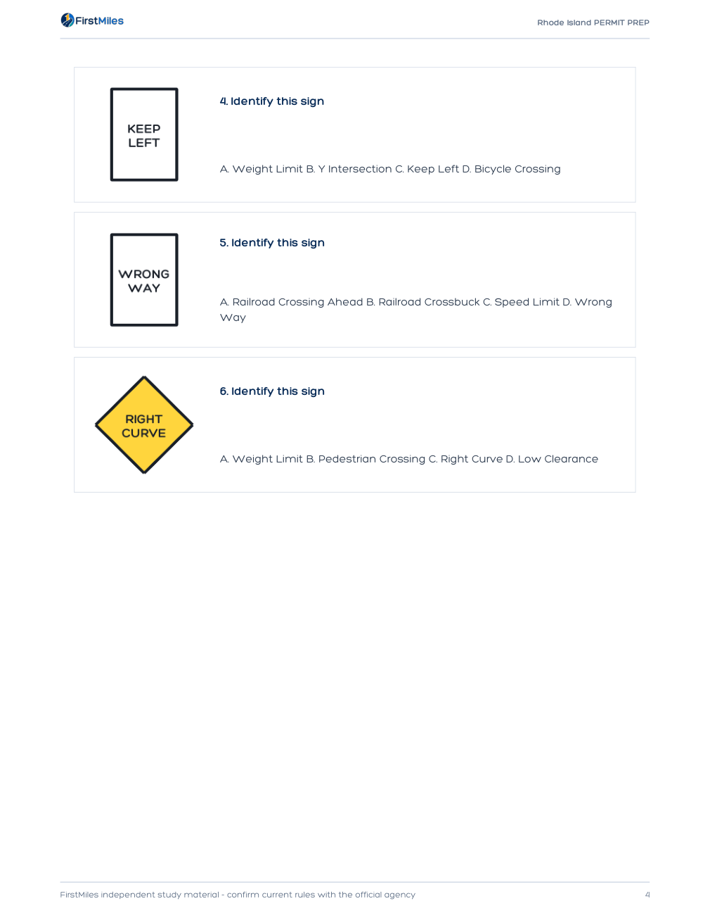 Example page from the FirstMiles Rhode Island road sign practice tests