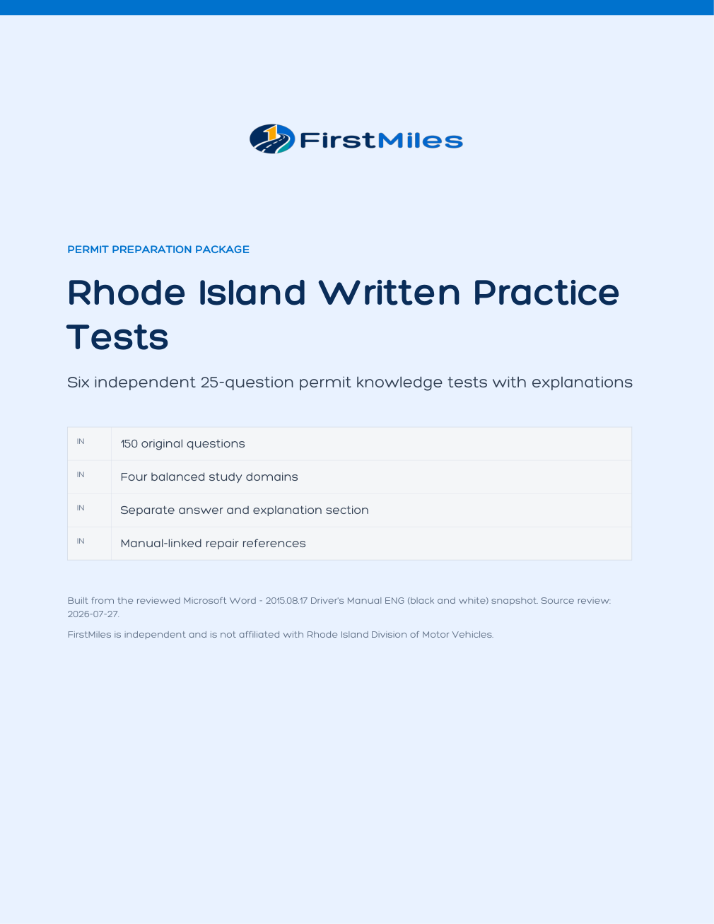 FirstMiles Rhode Island written practice tests cover