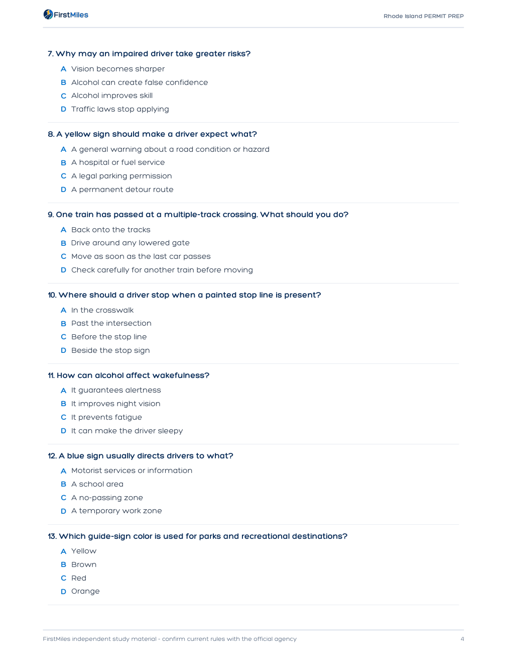 Example page from the FirstMiles Rhode Island written practice tests