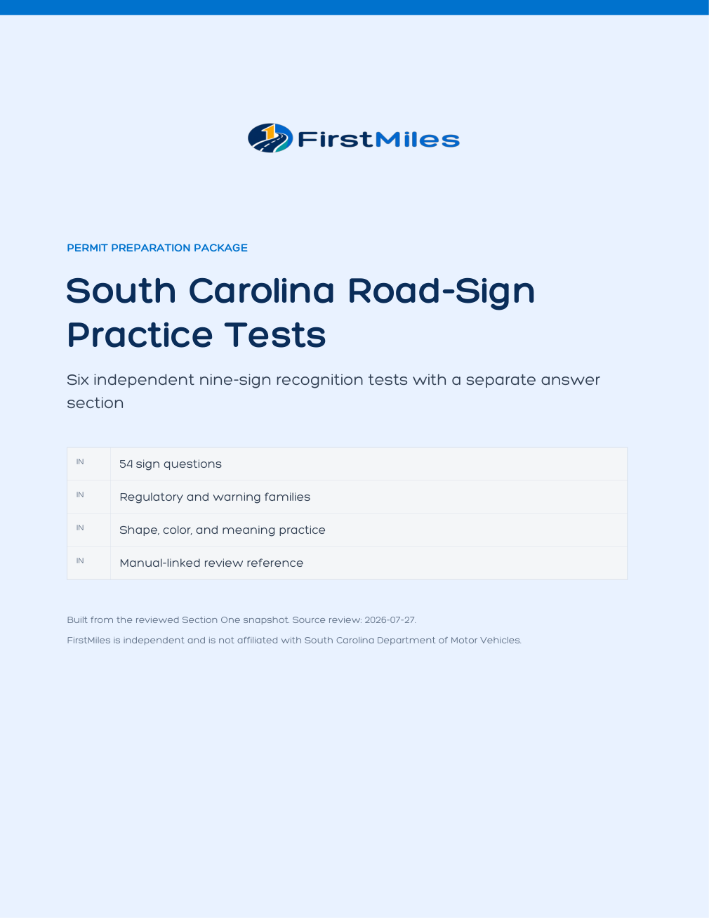 FirstMiles South Carolina road sign practice tests cover