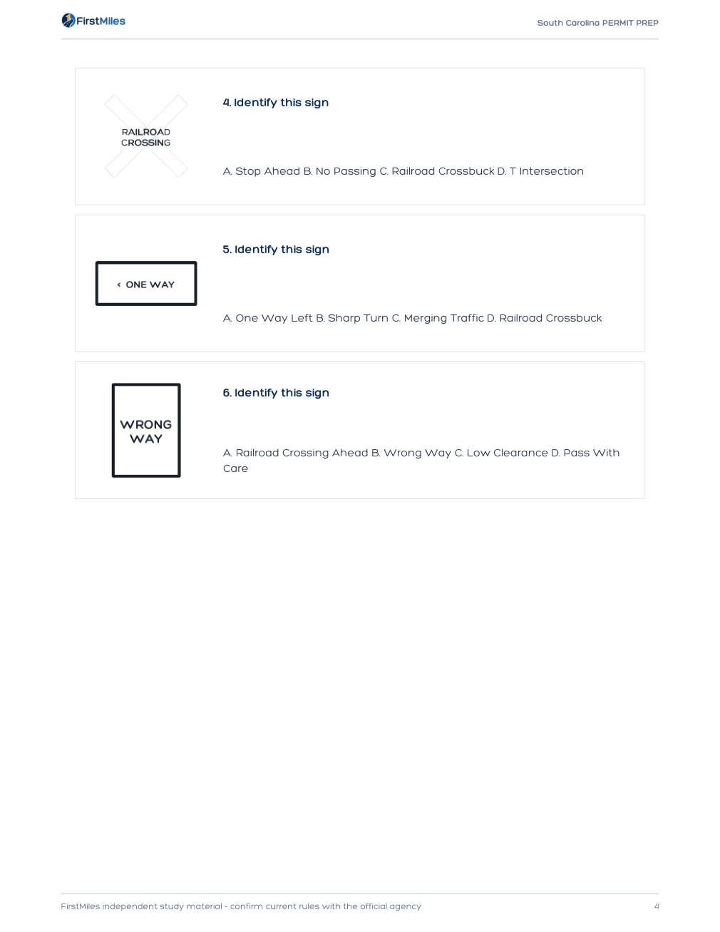 Example page from the FirstMiles South Carolina road sign practice tests