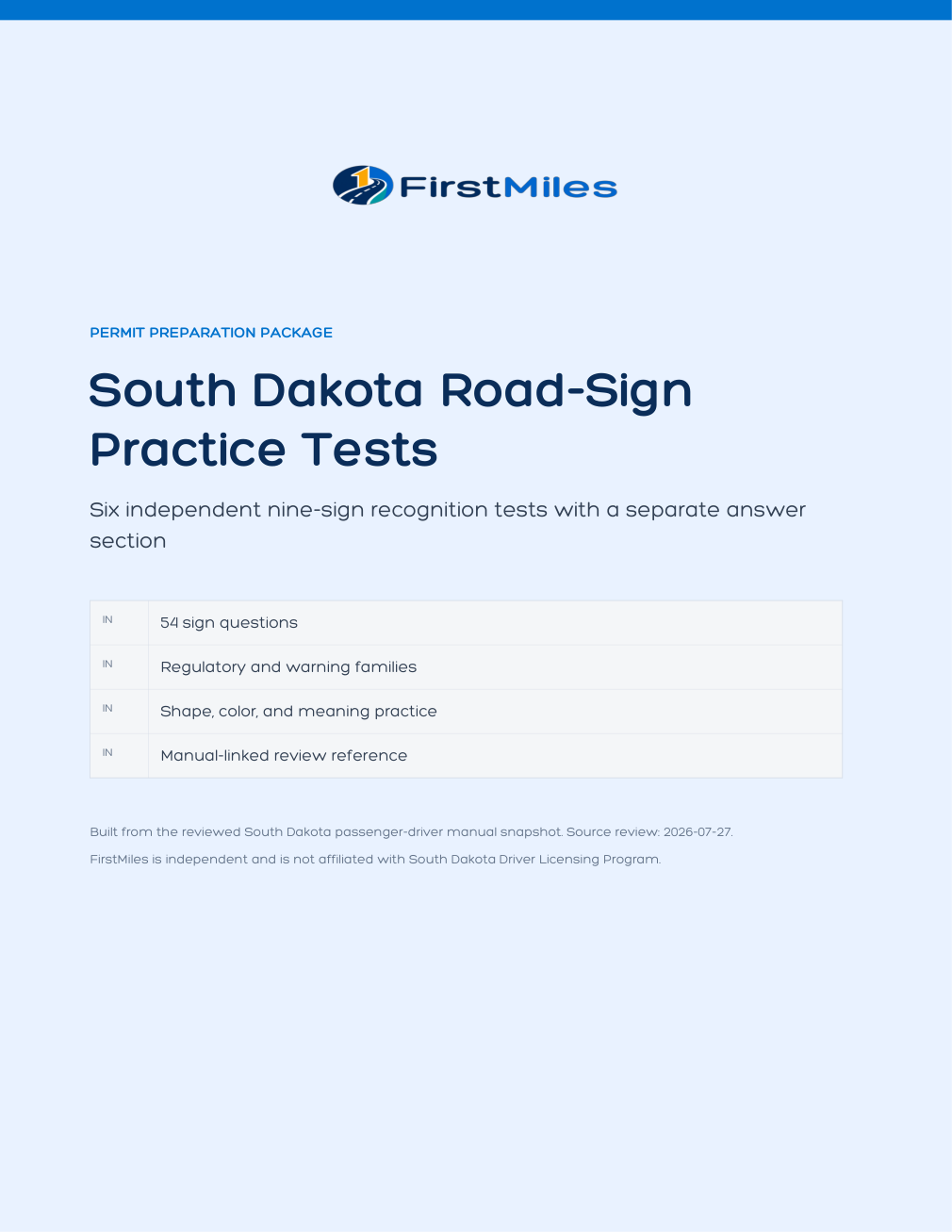 FirstMiles South Dakota road sign practice tests cover