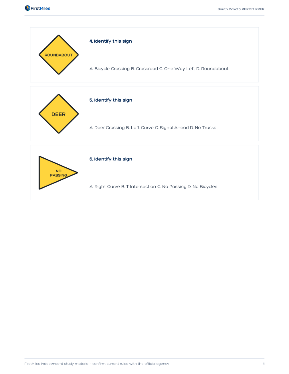 Example page from the FirstMiles South Dakota road sign practice tests