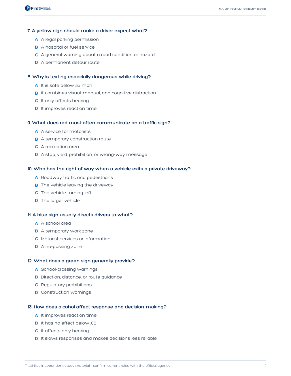 Example page from the FirstMiles South Dakota written practice tests