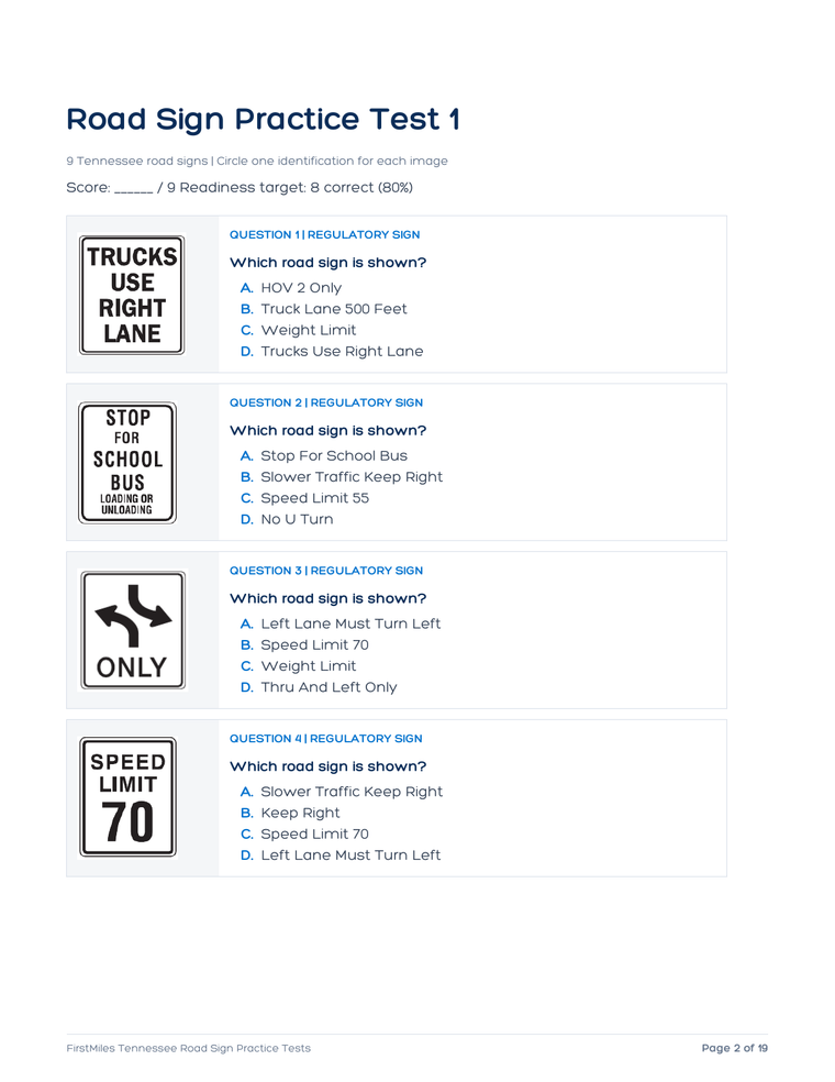 Example page from the FirstMiles Tennessee road sign practice tests