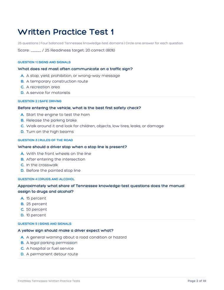 Example page from the FirstMiles Tennessee written practice tests