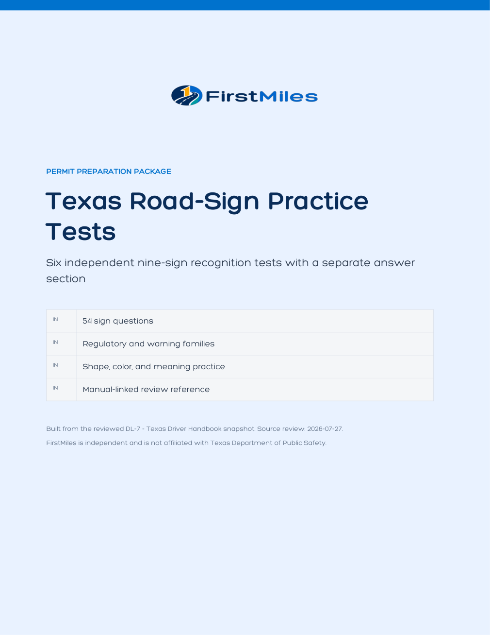 FirstMiles Texas road sign practice tests cover