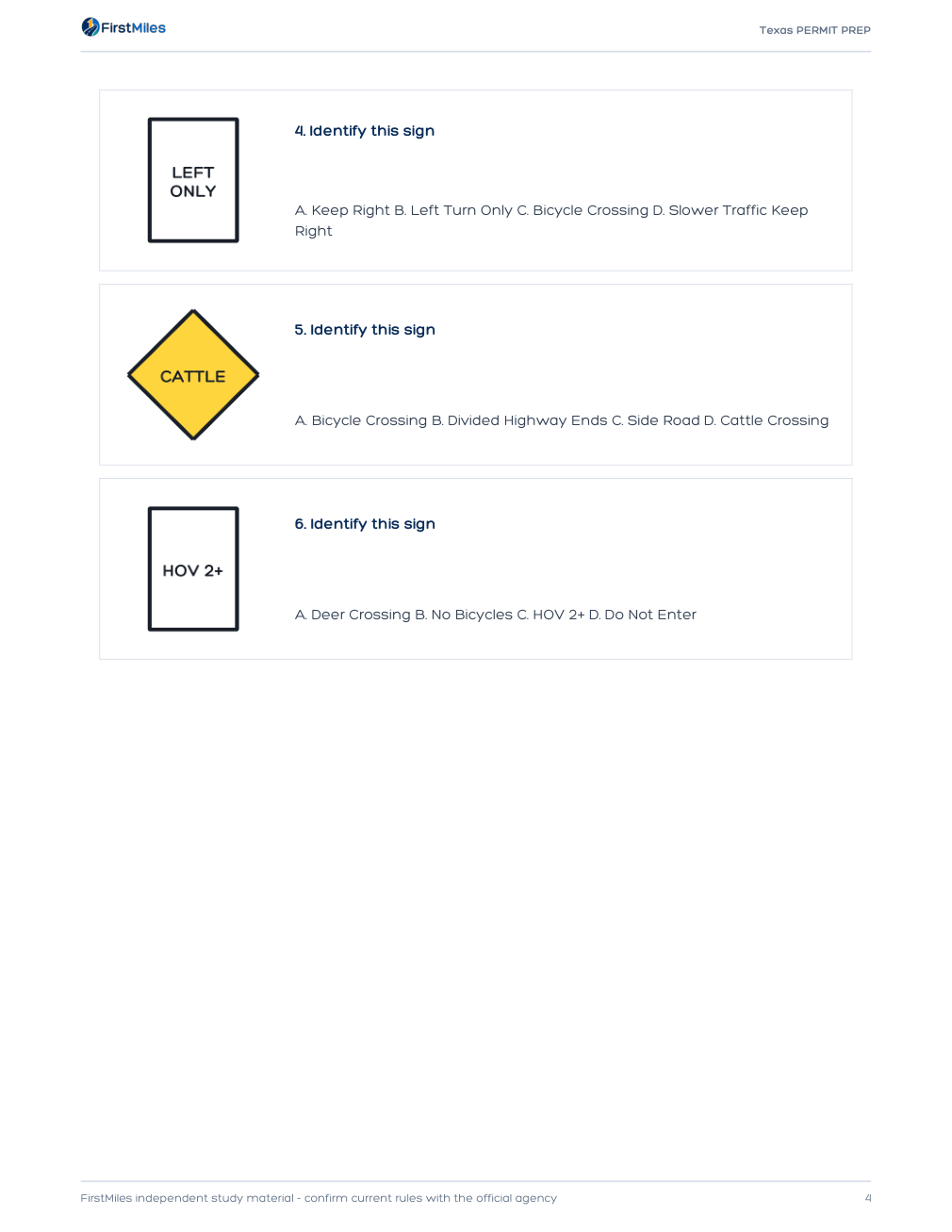 Example page from the FirstMiles Texas road sign practice tests