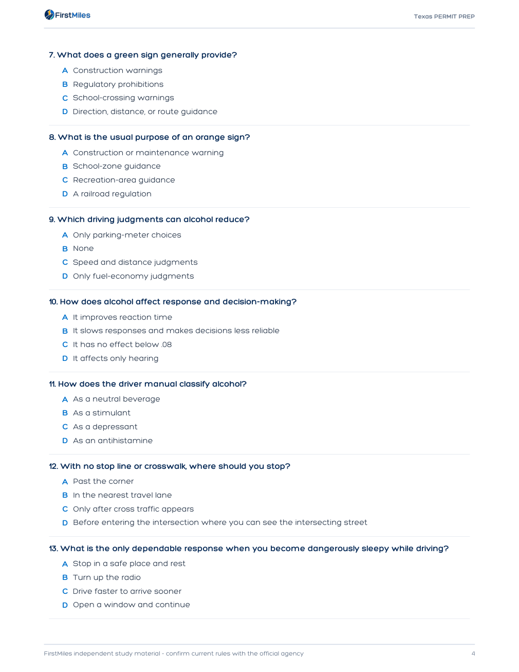 Example page from the FirstMiles Texas written practice tests