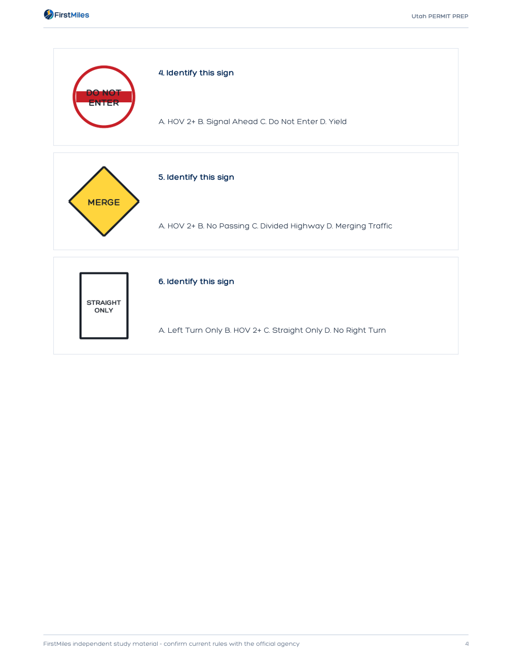 Example page from the FirstMiles Utah road sign practice tests